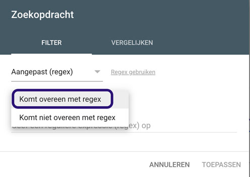 Zoekwoorden RegEx builder GSC stap 3