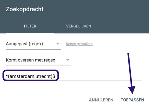 Zoekwoorden RegEx builder GSC stap 4